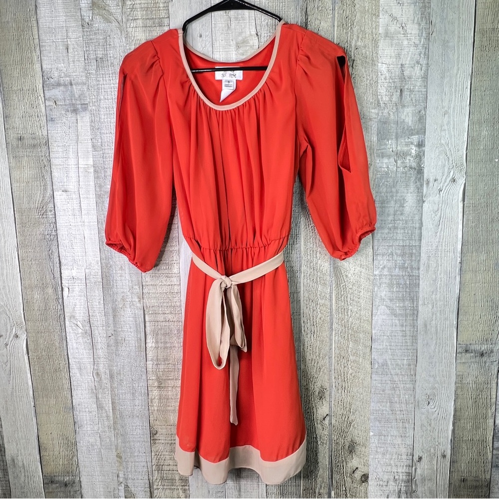Sweet Storm Small Orange & Tan Chiffon Lined Dress Stretch Waist 3/4 Sleeves